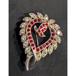 Heart-Shaped‎ Rhinestone Brooch With Red & Clear Stones In Silver-Tone  Love